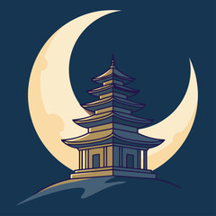 A serene illustration of a temple against a glowing crescent moon.  Elegant, stylized design evokes tranquility and spiritual beauty. Perfect for wellness and travel themes. © Vector Holiday