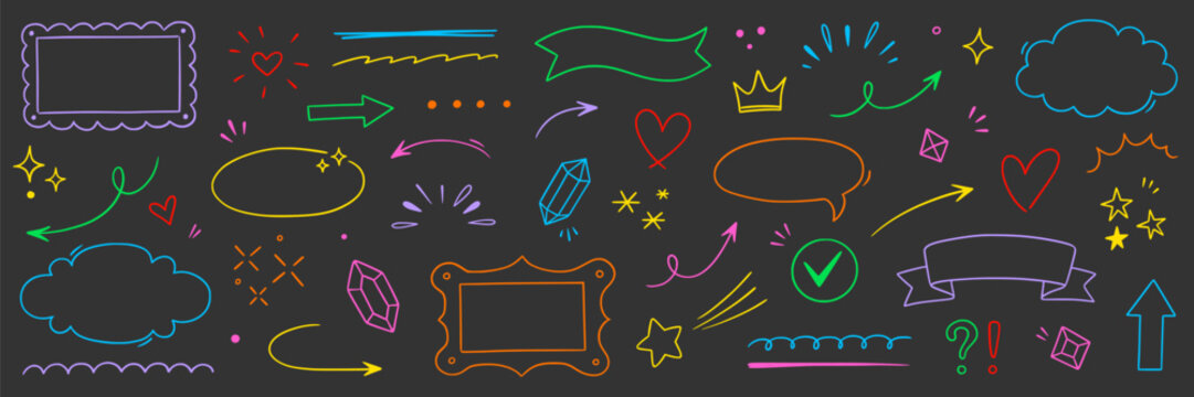 Cute arrow, star, frame hand drawn line set. Cute arrow line hand drawn heart underline dairy element icon. Star frame, doodle cloud marker sketch cartoon children colorful love. Vector illustration