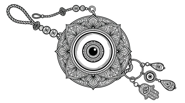 Evil Eye Mandala Charm with Hamsa Hand - Black and White Illustration