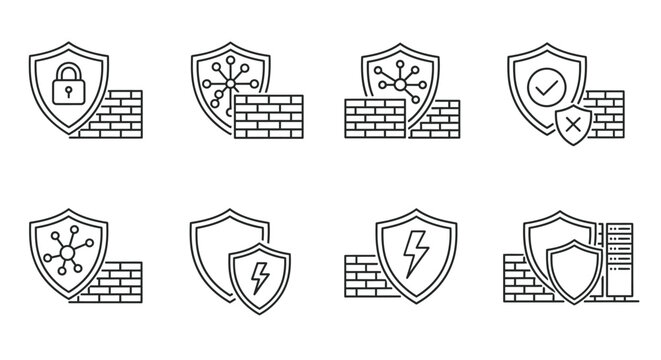 Cyber Security Firewall Icons Set Digital Protection.