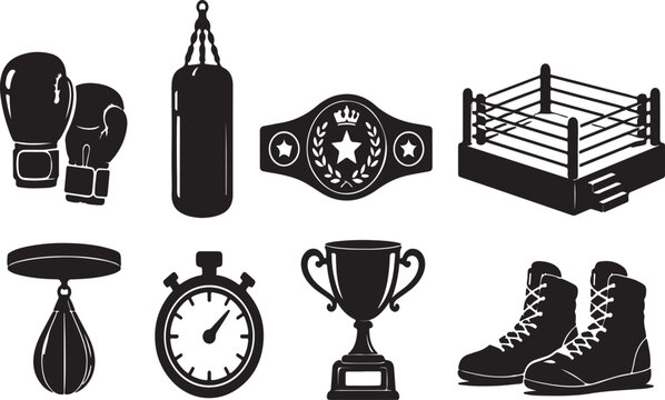 Set of black boxing icons with gloves speed bag championship belt ring trophy and boots for martial arts sports design elements collection