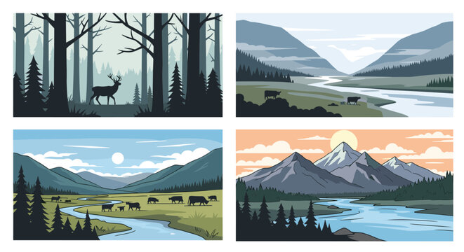 Collection of four pixel art landscapes featuring a forest with deer, a river valley, and majestic mountain ranges.