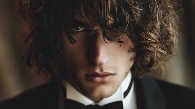 A young man with tousled hair wears a tuxedo and bow tie while sitting in a vintage bar. Dim lights create a cozy, intimate atmosphere. His piercing blue eyes reflect contemplation.