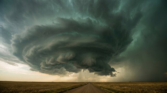 Massive tornado forming over empty desert road with dramatic storm clouds and dark sky