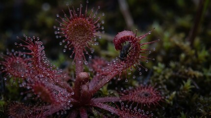 Fototapeta premium Close-up of Sundew Plant with Dew Drops in Natural Wetland Setting