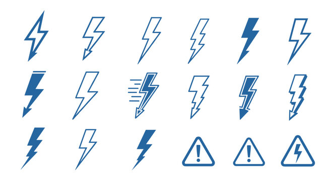 Extensive collection of blue lightning bolt icons and electricity warning signs showing different styles of power symbols.