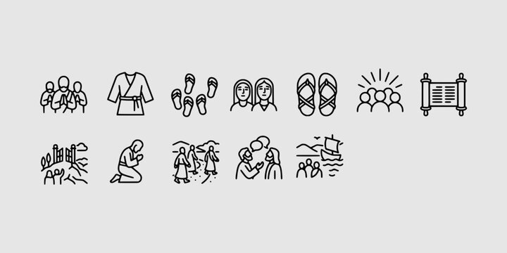 Icon set collection of biblical line illustrations showcasing sandals ancient scrolls disciples praying walking together spiritual journeys and early church community.