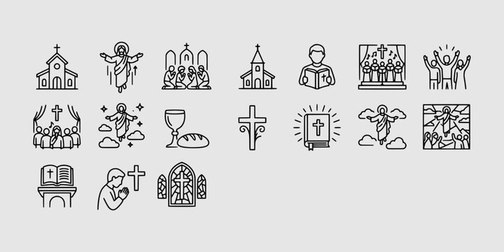 Icon set collection of church worship line icons including ascension of Christ congregation singing holy communion prayer books and stained glass windows.