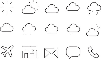 Obraz premium Set of simple black line icons featuring weather symbols like clouds and rain alongside common interface elements such as a phone mail and speech bubble