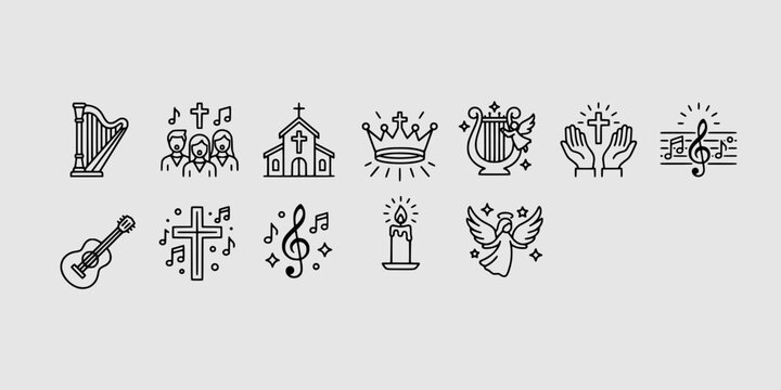 Icon set collection of sacred music elements highlighting harp choir church guitar treble clef angels musical notes and worship line graphics.
