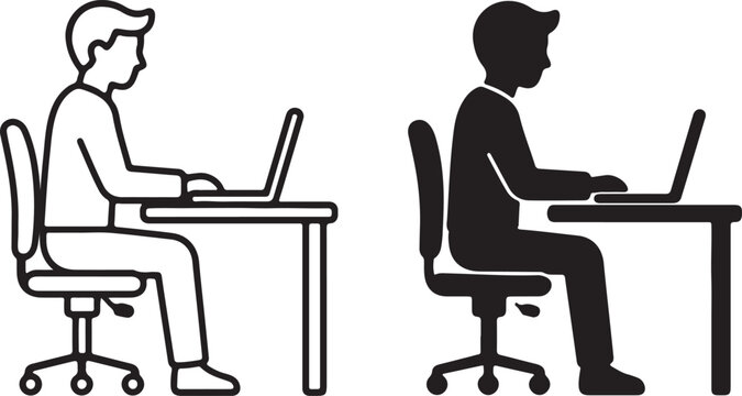 A man sitting at a desk and working on a laptop computer icon set in simple black outline and solid silhouette styles for business and office projects