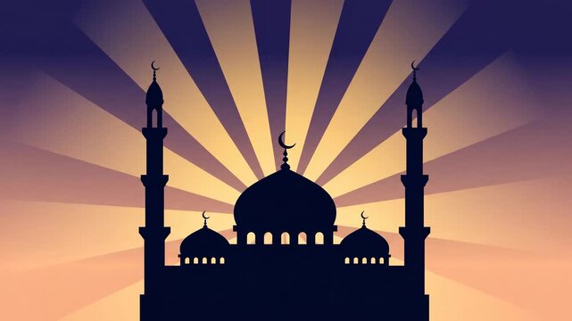 Mosque silhouette at dusk with sun rays and crescent moon islam islamic islam