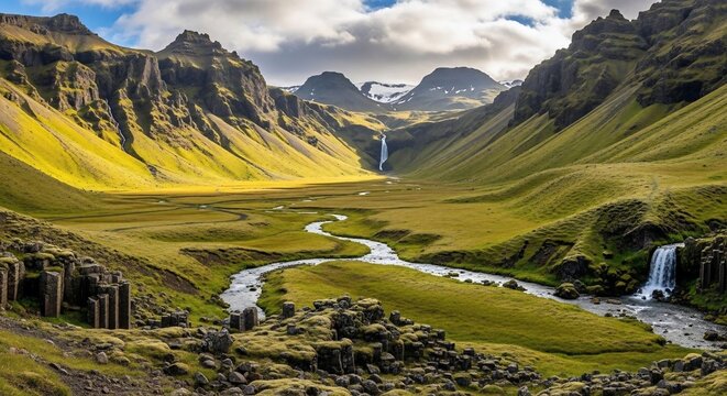 Mountain landscape with river and waterfalls