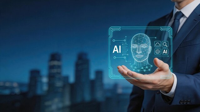 Artificial intelligence AI concept with wireframe human face hologram projection on businessman hand, machine learning, neural network, future technology, cybernetics, facial