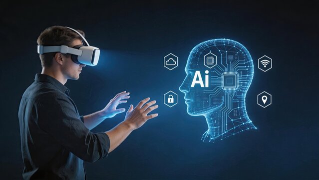 Man wearing VR headset interacting with artificial intelligence hologram head, futuristic virtual reality augmented reality interface with cloud computing and security icons