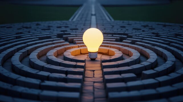 A glowing light bulb sits in the center of a circular stone maze in this creative and conceptual artistic photo