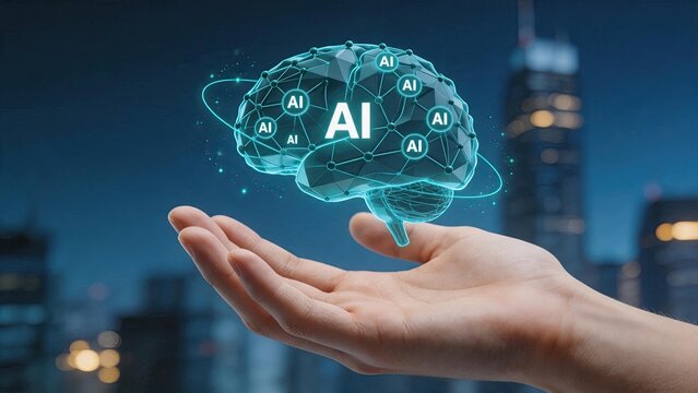 Hand holding glowing AI brain hologram with neural network nodes against city skyline at night, symbolizing artificial intelligence innovation, machine learning evolution,