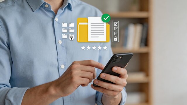 Man using smartphone with floating icons for document approval, security lock, five-star rating, checklist and folder, representing digital workflow, mobile productivity, cloud