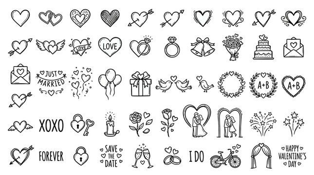 Valentine's Day Doodles: Hearts, Love, Wedding, Romantic Symbols & Icons Set