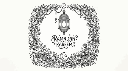 Ramadan Kareem decorative wreath with lantern and crescent moon, black and white illustration © ADIT DITATA