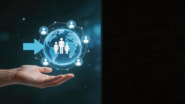Hand holding globe with network of people icons, global connection and social networking concept on dark background