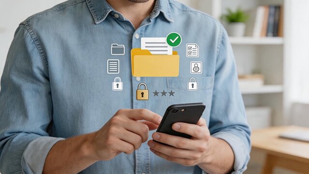 Man using smartphone with file folder and security lock icons, data protection and cloud storage concept