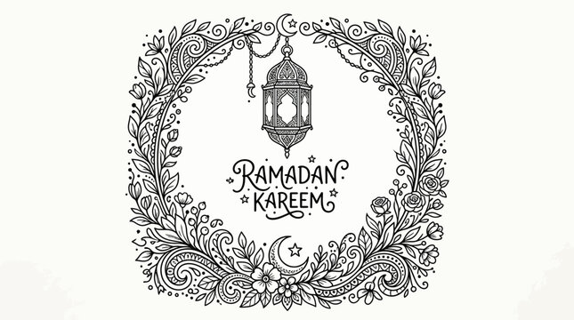 Ramadan Kareem decorative wreath with lantern and crescent moon, black and white illustration