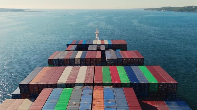 Cinematic drone shot Halifax Port Aerial Container Ship Departure Tugboats Assisting Vessel Early Morning Calm Water Shipping And Global Trade Scene 4K
