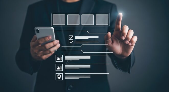 Man in dark suit interacting with smartphone and digital interface touchscreen