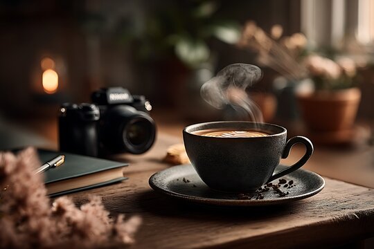 Steaming coffee in cozy setting with camera and book on wooden table.