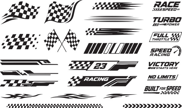 Set of racing car decals with checkered flags and speed lines for vehicle graphics and automotive sports design elements in black and white