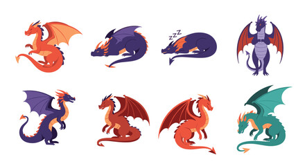 Obraz premium Collection of various colorful dragon character illustrations showing different poses and actions for fantasy story design.