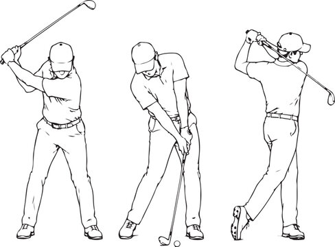 Three step sequence of a man playing golf showing backswing impact and follow through motion in a simple black and white line art drawing