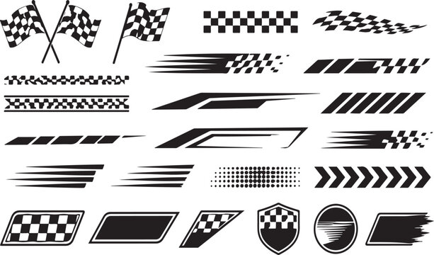 Set of black and white racing checkered flags and speed motion stripes graphics for sports car decals and motor racing competition design elements