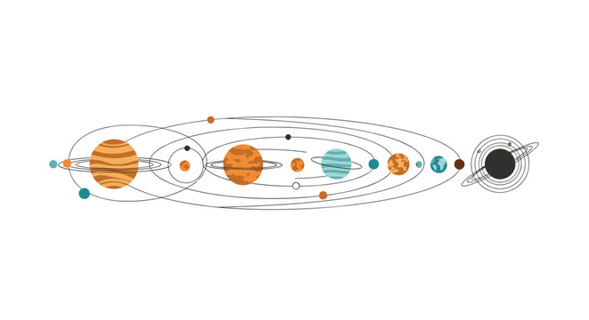 Diagram of the solar system showing planets in their orbits around the sun representing astronomy and space exploration science.