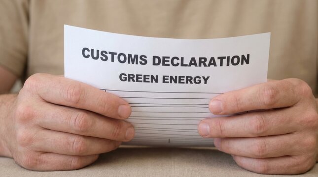 Man holding customs declaration form for green energy with both hands on a table
