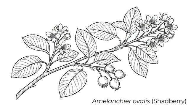 Amelanchier Ovalis Shadberry Branch with Leaves, Flowers, and Berries Line Drawing