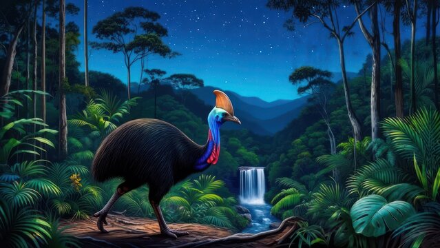 Nighttime cassowary in a lush rainforest