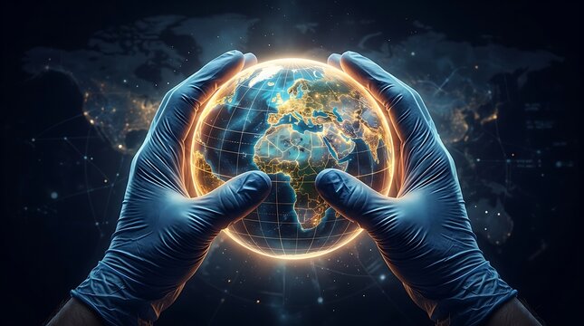 Gloved Hands Holding Illuminated Digital Globe in Dark Technological Background