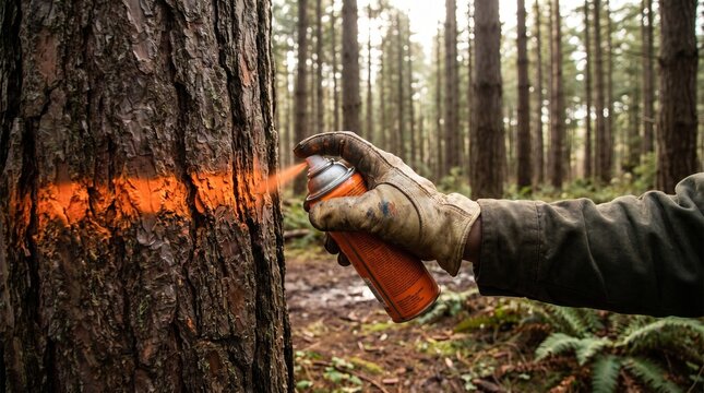 Forestry worker marking tree trunk