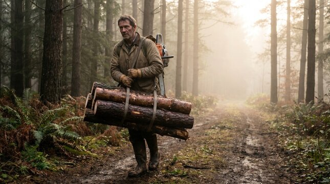 Forestry worker carrying logs trail