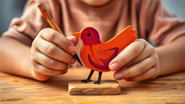 Child hands painting vibrant wooden bird, focused creative artwork, kids art project, artistic development, colorful craft activity, childhood creativ
