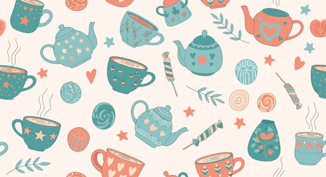 Charming seamless pattern design featuring various illustrated teapots, tea cups, stars, hearts, and sweets in a cozy style.
