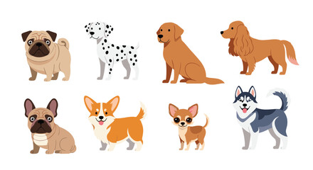 Fototapeta premium Detailed collection of diverse dog breeds such as a pug, dalmatian, and golden retriever standing and sitting in a clean cartoon style.