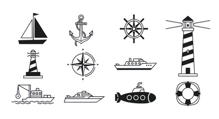 Nautical Icons Set: Sailboat, Anchor, Lighthouse, Ship, Submarine, Compass © Tanir