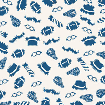Father&rsquo;s Day seamless pattern with American football icons, hats, ties, mustaches, glasses, and foam fingers in clean blue outline style on light background for digital wallpaper.