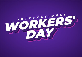 Fototapeta premium Bold 3d text reading International Workers Day on a purple gradient background, white and pink shadowed lettering, dynamic perspective