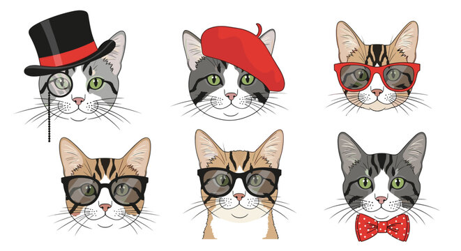 Another set of six cute cat portraits wearing fancy hats, glasses, and a red polka dot bow tie for style.