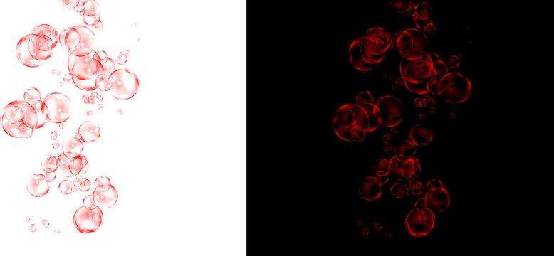Abstract red bubbles on white and black background, floating crimson spheres in liquid, microscopic blood cells or water droplets texture