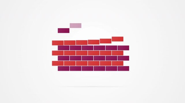 Abstract digital illustration featuring colorful horizontal bars resembling a staggered brick wall pattern with varying shades of red and pink